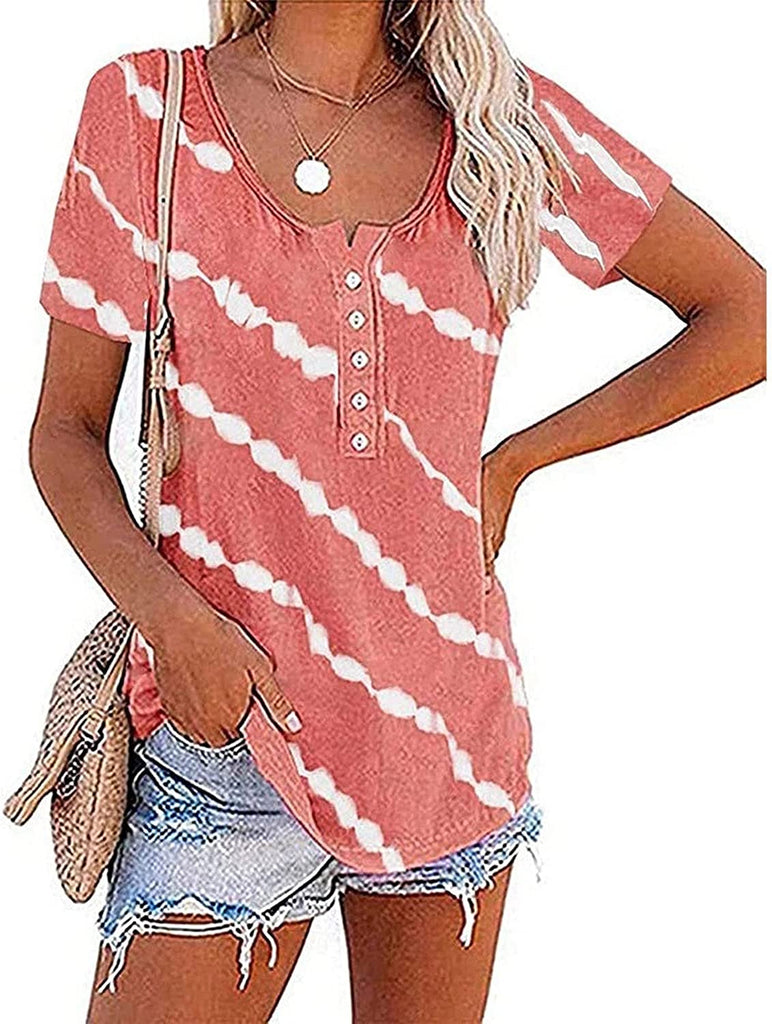 Women Casual Tie Dye Stripe T-Shirt Tunic Shirt with Buttons