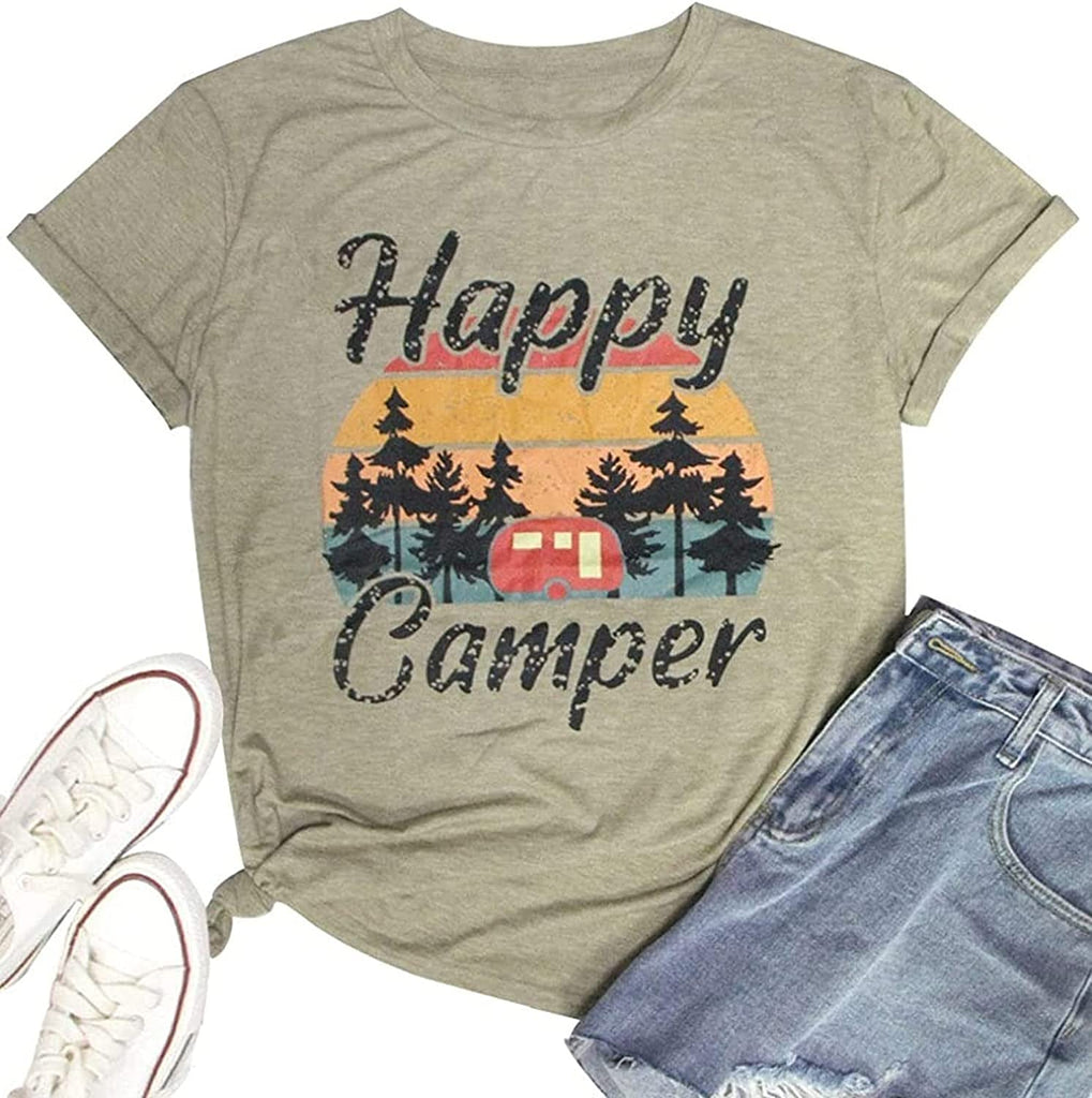 Women Happy Camper T-Shirt Vintage Happy Camper Graphic Shirt