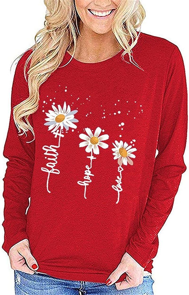 Christian Gift Shirt for Womens Daisy Faith Hope Love Graphic Sweatshirt Faith Clothing