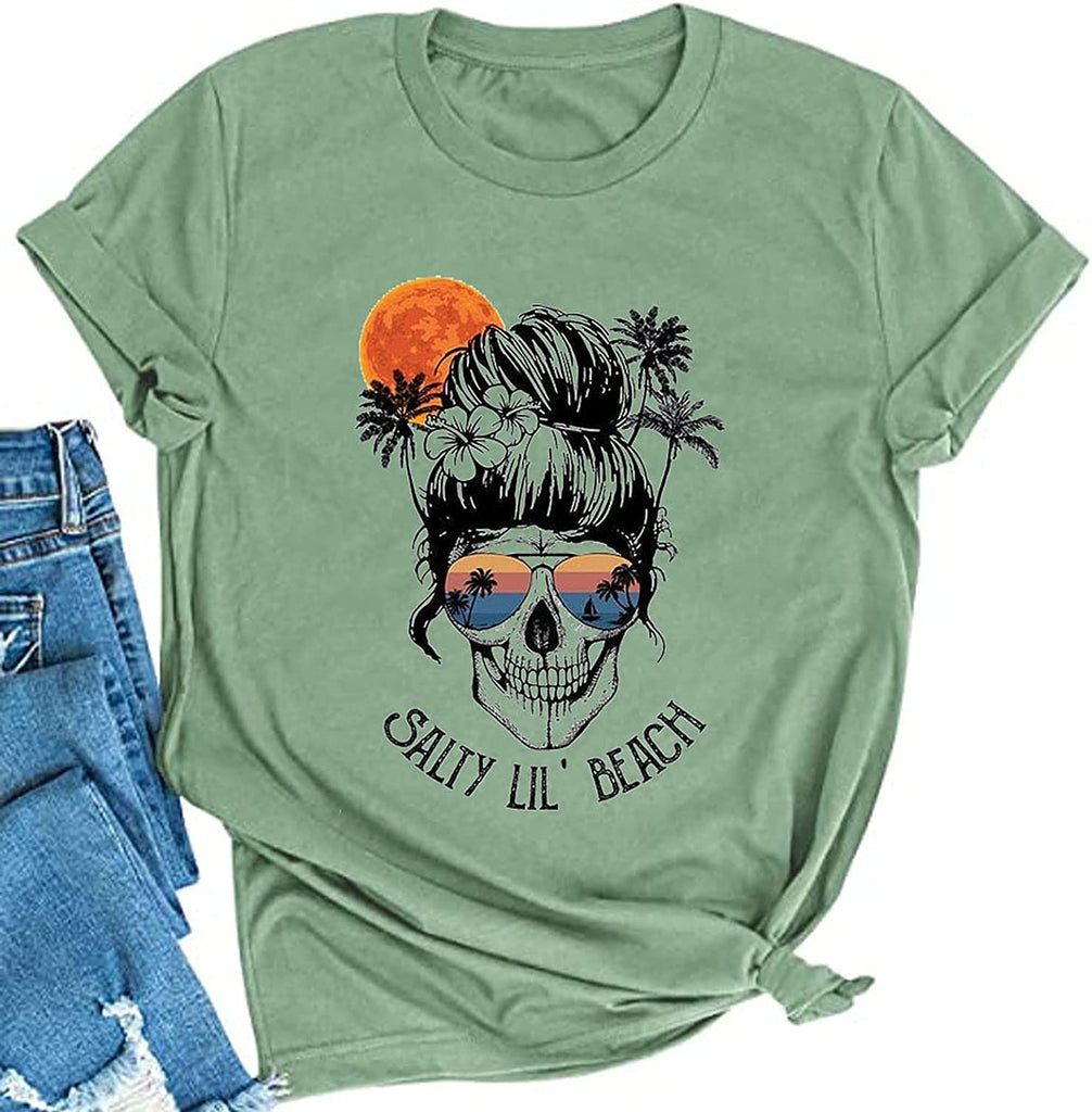 Women Salty Lil' Beach Women Skull T-Shirt Beach Graphic Shirt for Women