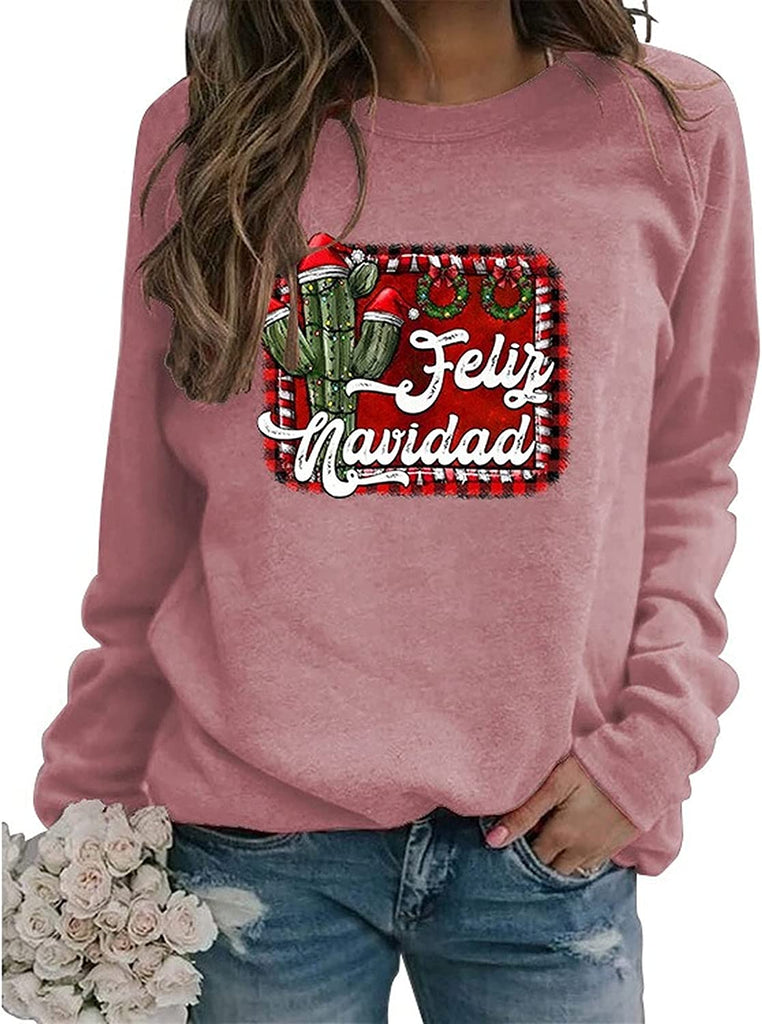 Women Feliz Navidad Sweatshirt Spanish Merry Christmas Cactus Shirt