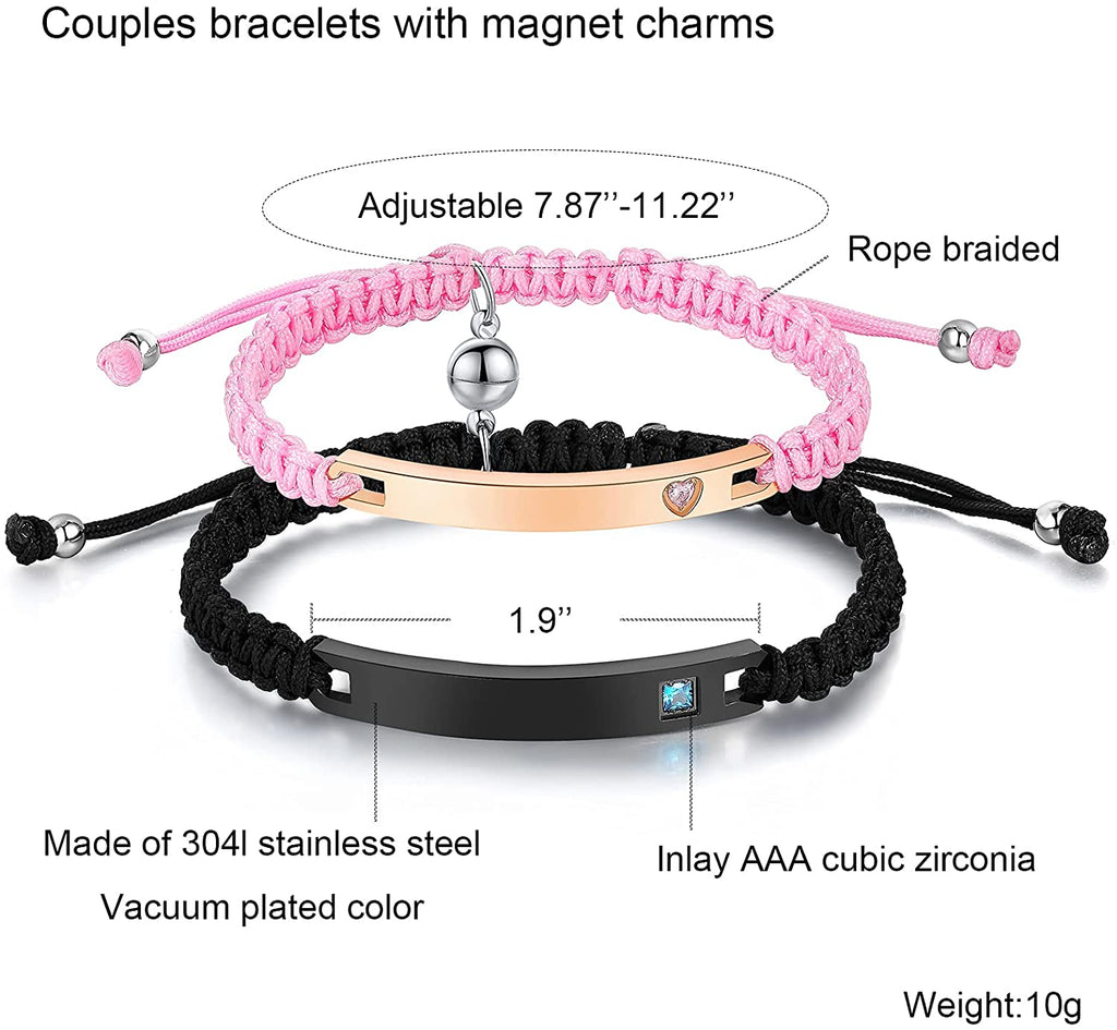 NEHZUS Couples Breloques Magnétiques Corde Tressée Bracelets Nom Personnalisé Barre en Acier Inoxydable Bracelet Bijoux Personnalisés pour Hommes Femmes Anniversaire