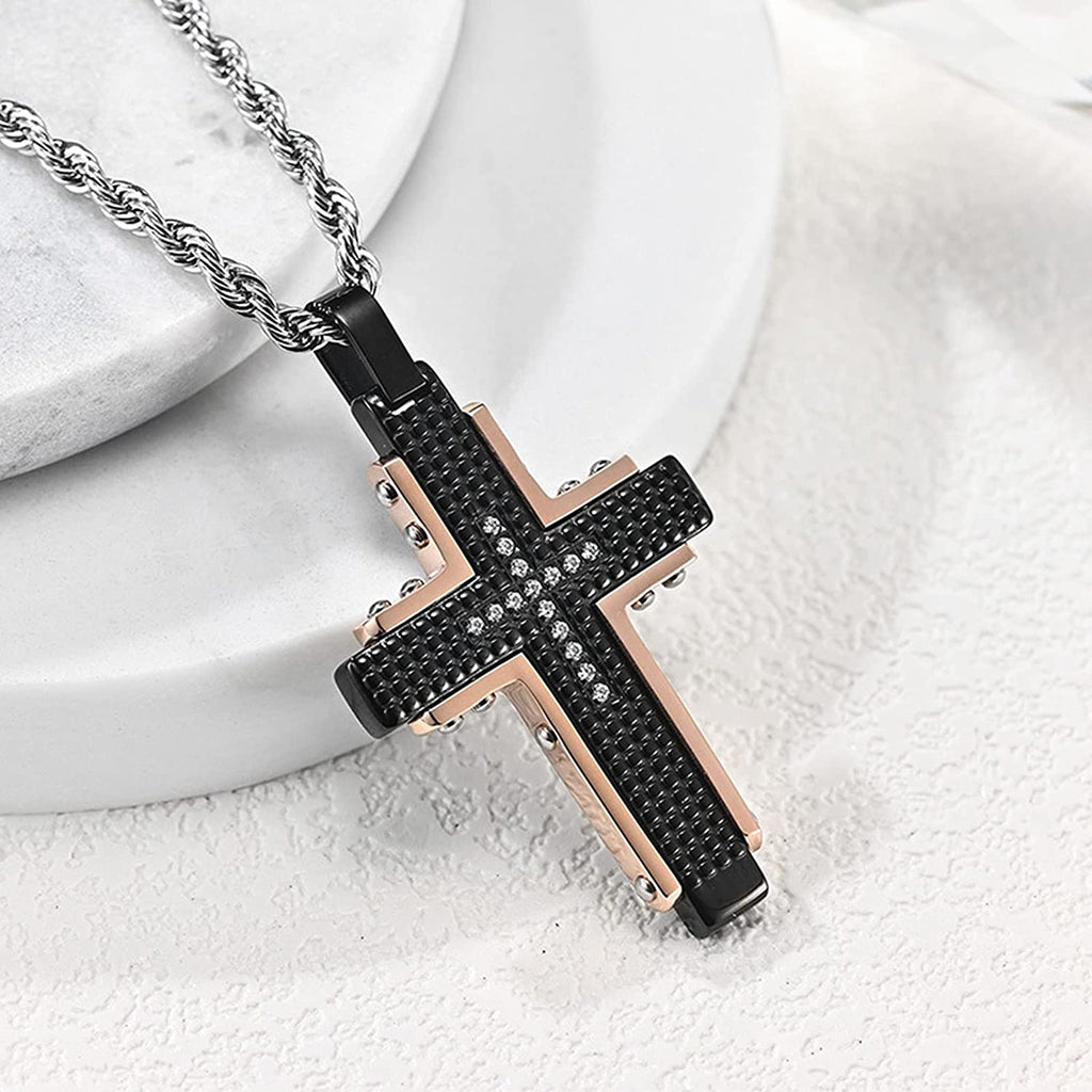 Collier avec pendentif croix en acier inoxydable pour hommes, noir, or Rose, pour la prière du seigneur, chaîne lourde