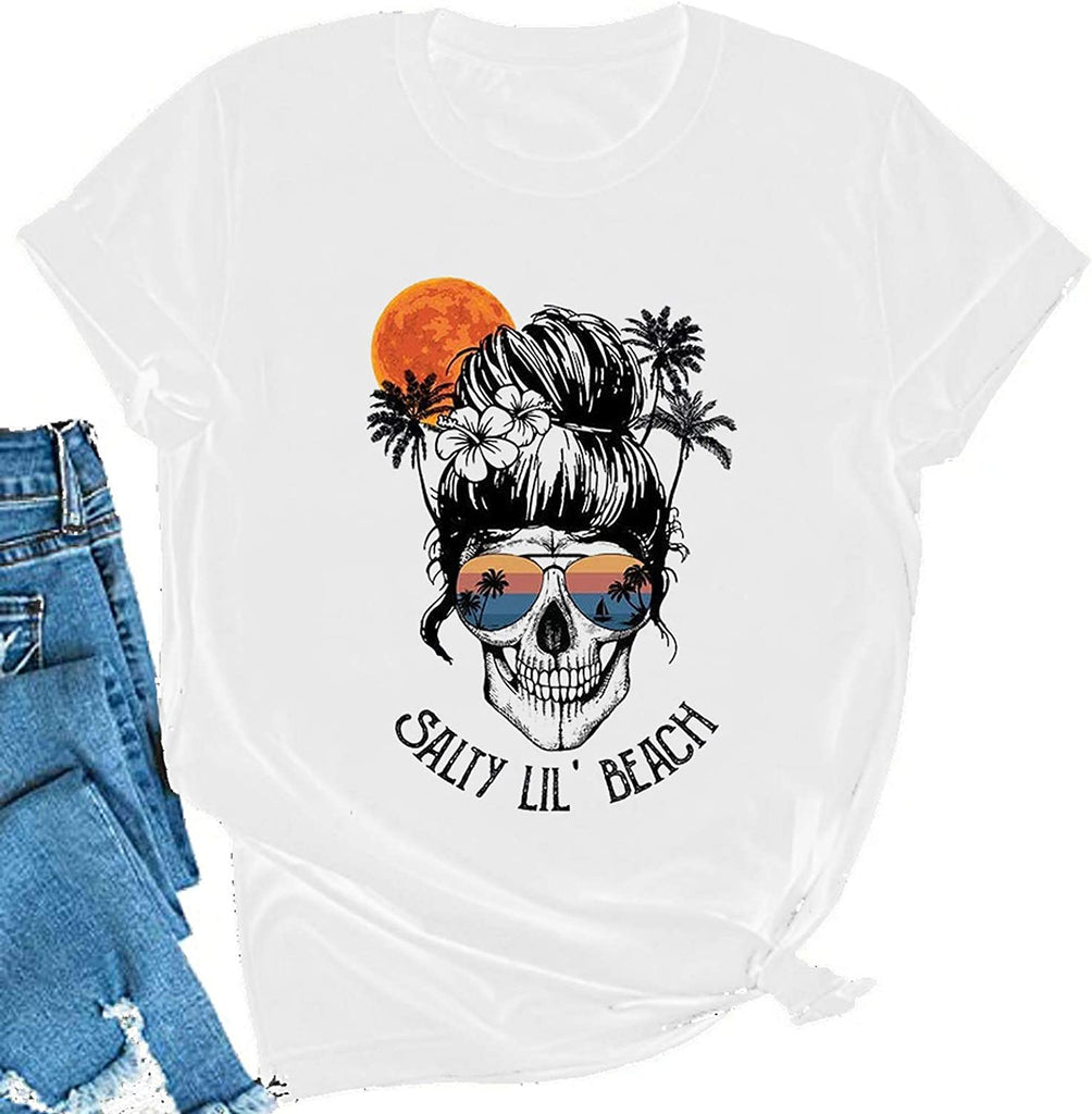 Women Salty Lil' Beach Women Skull T-Shirt Beach Graphic Shirt for Women
