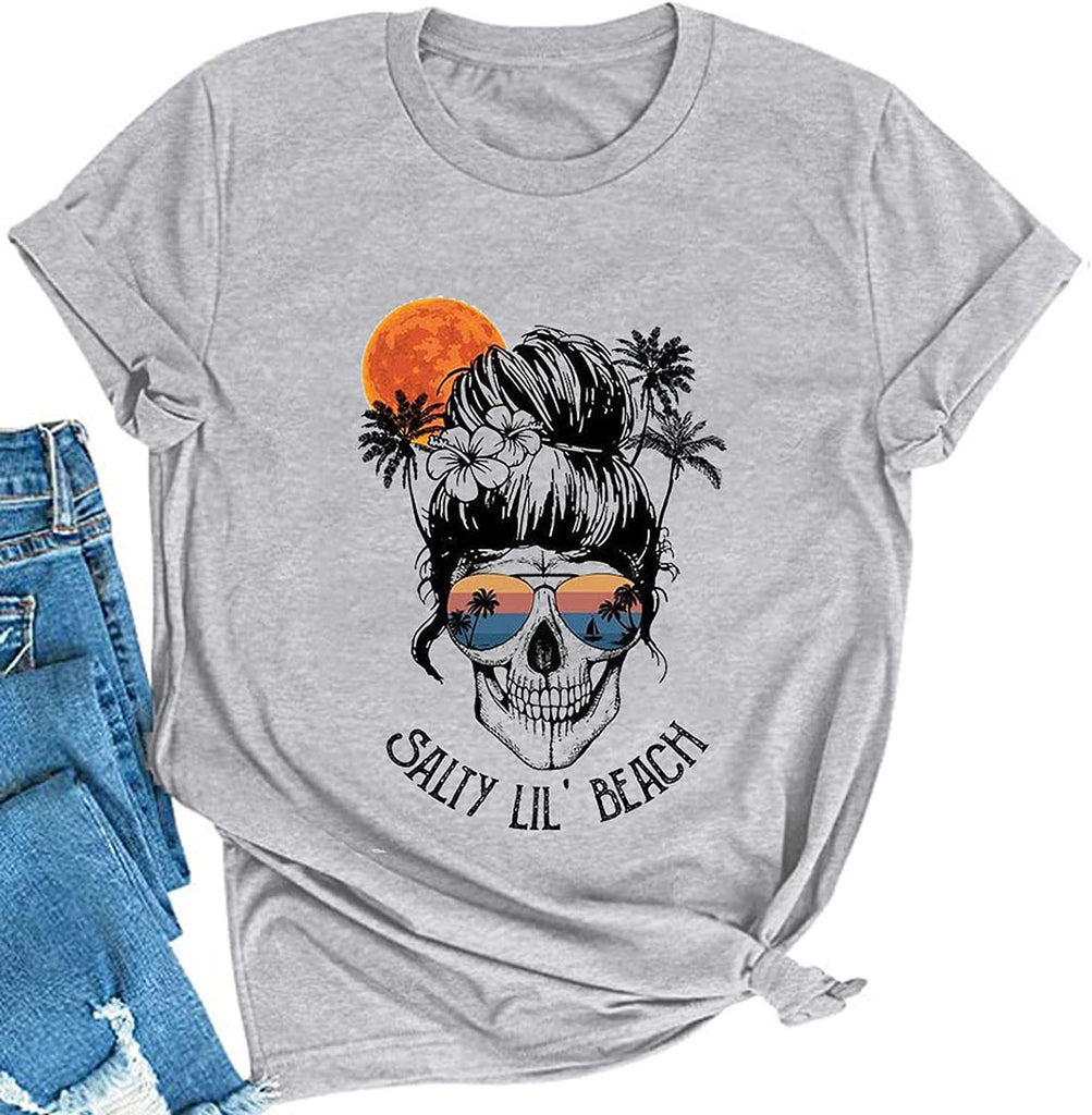 Women Salty Lil' Beach Women Skull T-Shirt Beach Graphic Shirt for Women