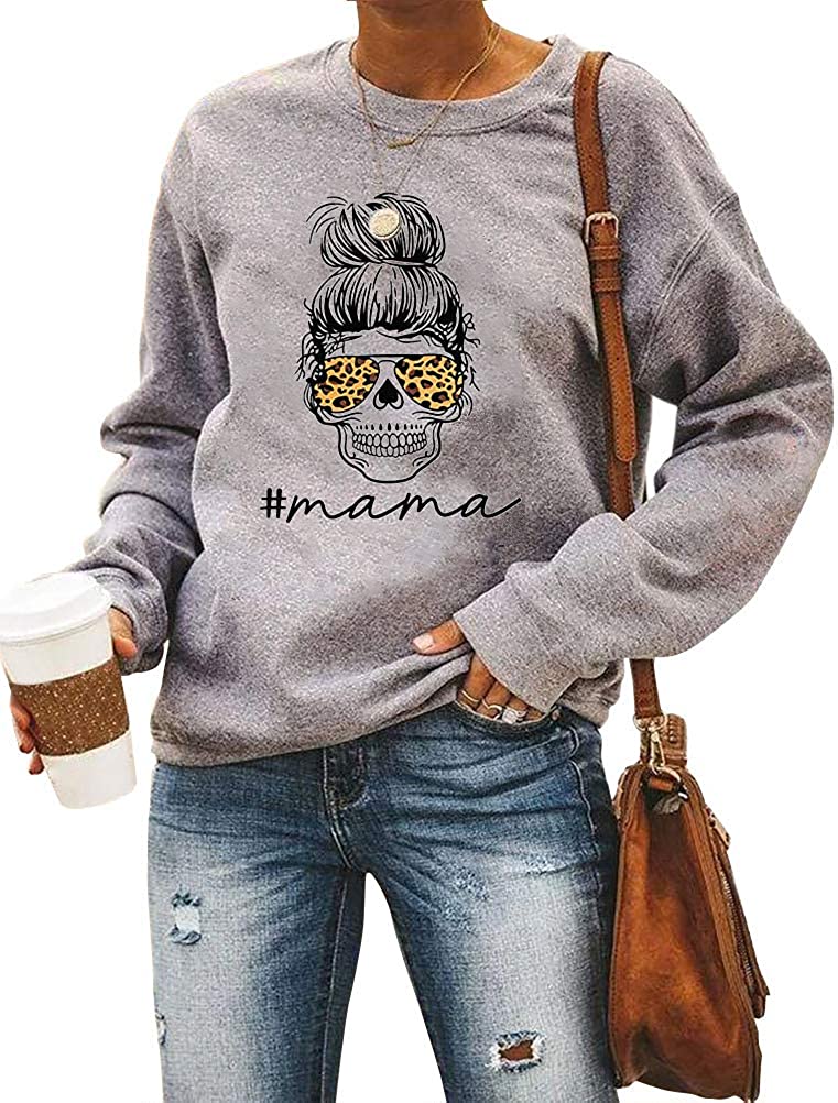 Women Long Sleeve Skull Mama with Hair Bun Sweatshirt Messy Bun Cheetah Shirt