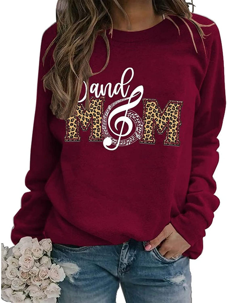 Women Band Mom Shirt Long Sleeve Leopard Graphic Sweatshirt