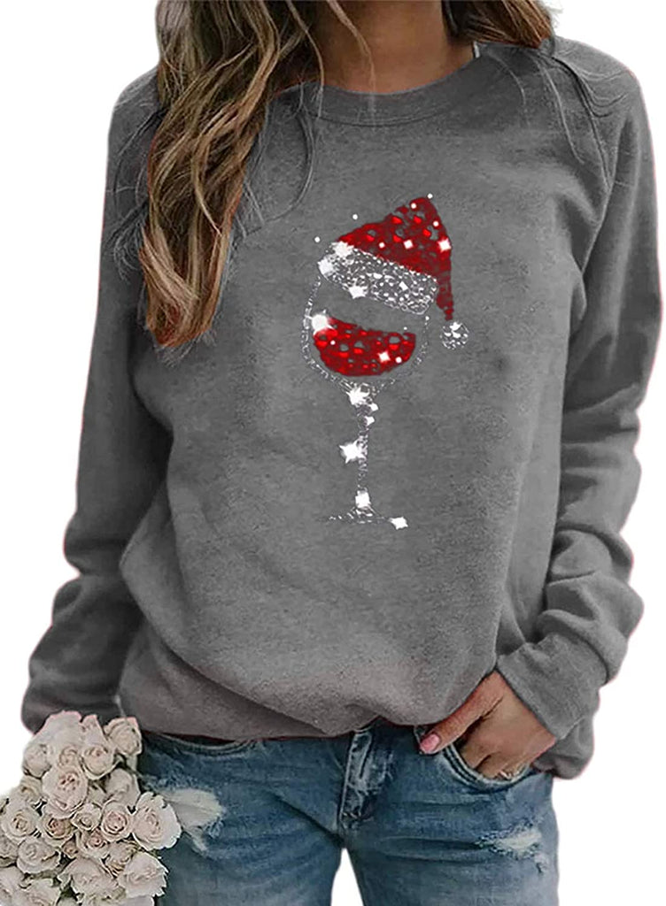 Sweat-shirt à manches longues pour femmes, verres à vin avec chapeau de père noël pour noël