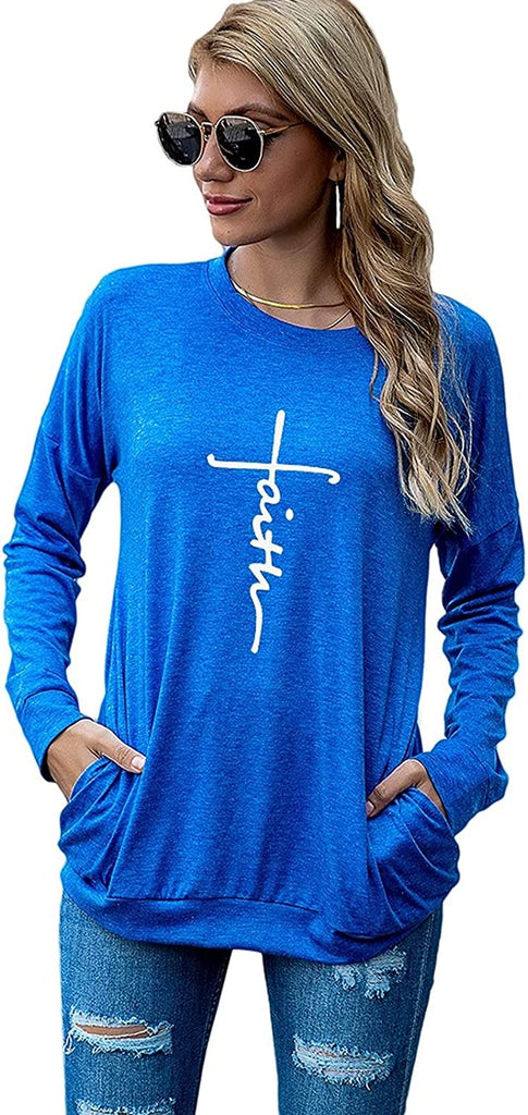 Chemise chrétienne pour femme à manches longues avec croix de foi