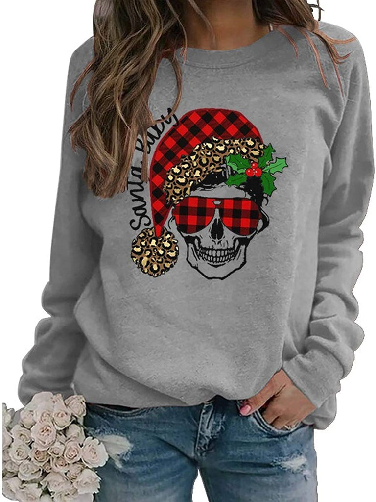 Sweat-shirt à manches longues pour femmes, à carreaux de buffle, père noël, bébé, crâne de noël