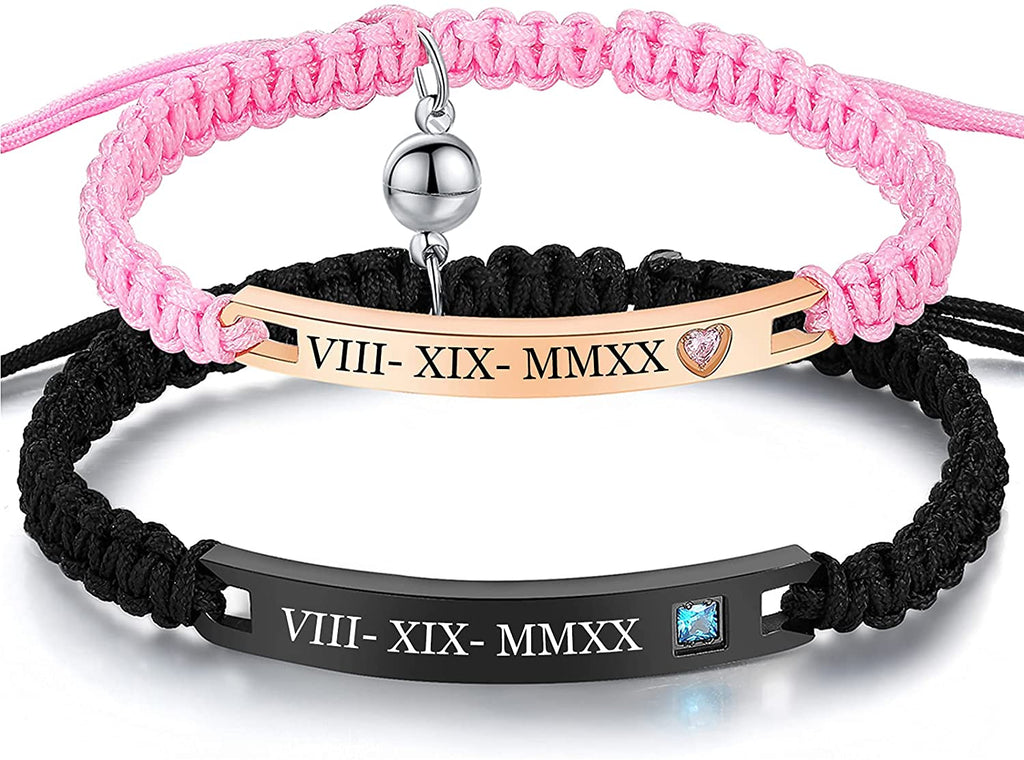 NEHZUS Couples Breloques Magnétiques Corde Tressée Bracelets Nom Personnalisé Barre en Acier Inoxydable Bracelet Bijoux Personnalisés pour Hommes Femmes Anniversaire