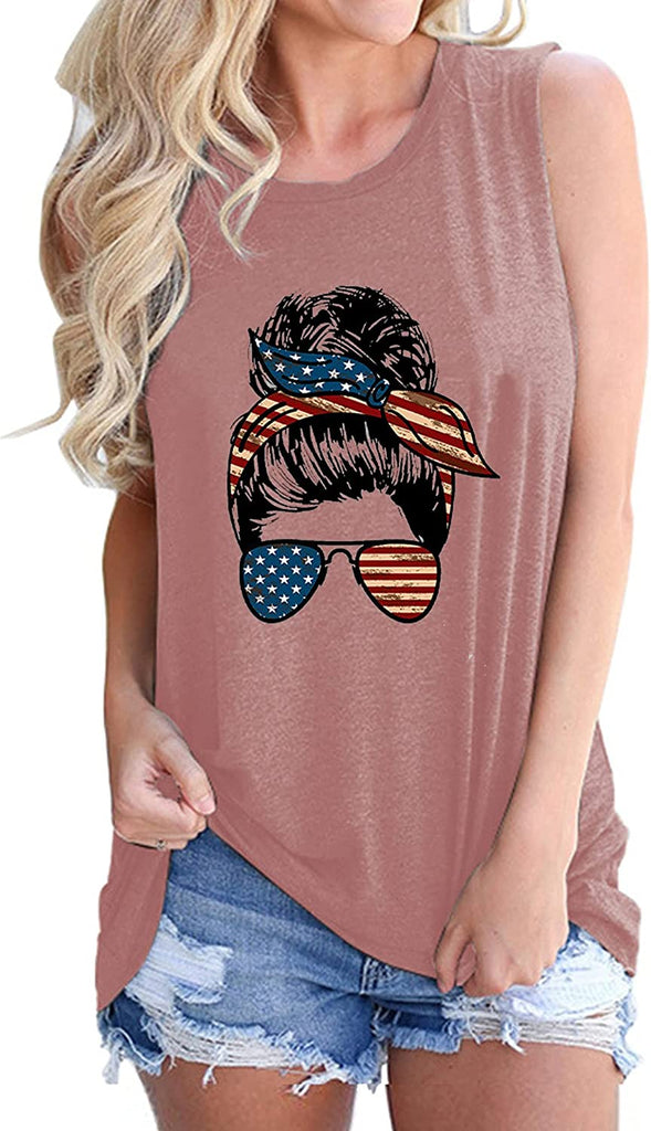 Messy Bun Femmes avec des Lunettes de Soleil Américaines Chemise Femme Mignonne Messy Bun Lunettes Débardeurs