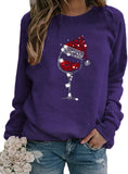 Sweat-shirt à manches longues pour femmes, verres à vin avec chapeau de père noël pour noël