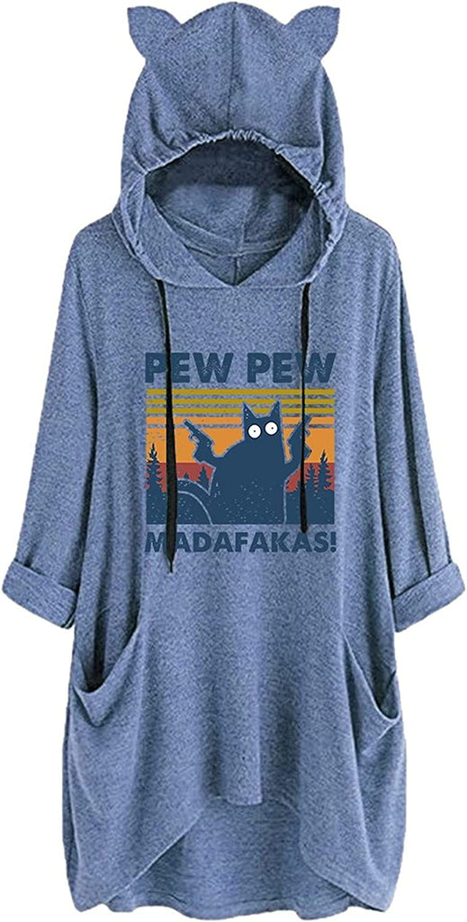 Women Pew-Pew Madafakas Hoodies Funny Pew-Pew Cat Shirt with Cat Ears and Pockets