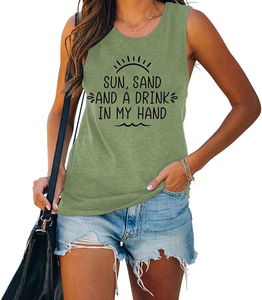 Women Sun Sand and A Drink in My Hand Tank Top Cute Graphic Shirt