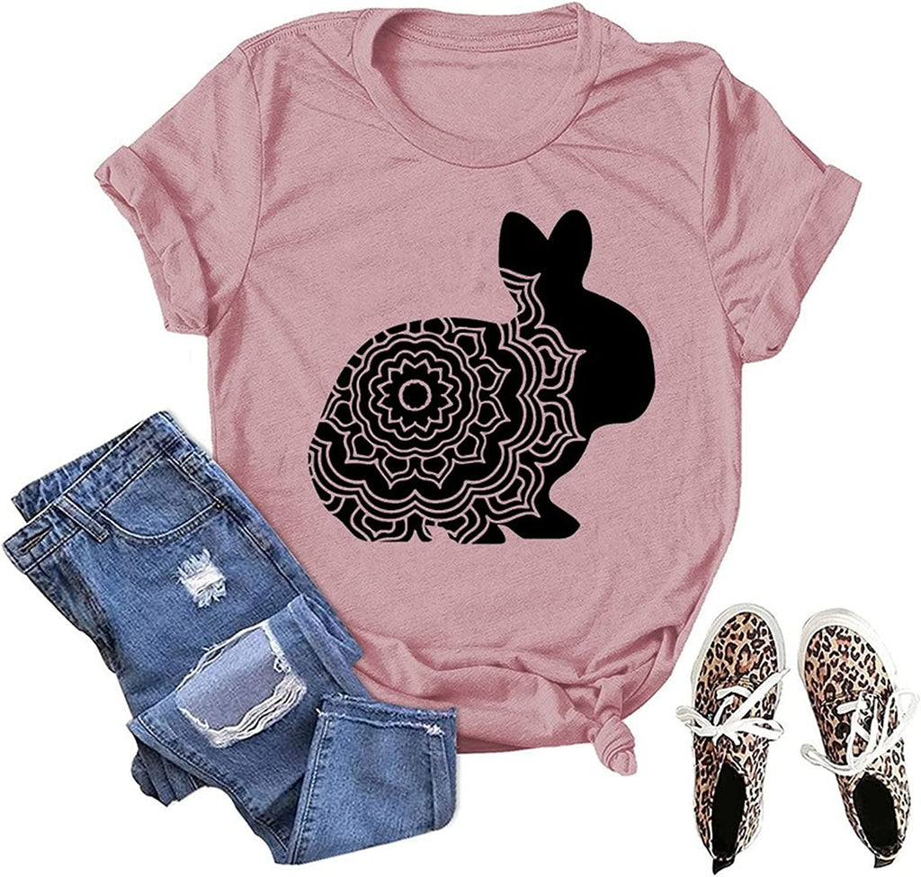 Cute Easter Floral T-Shirt Women Flower Rabbit Gift Tee