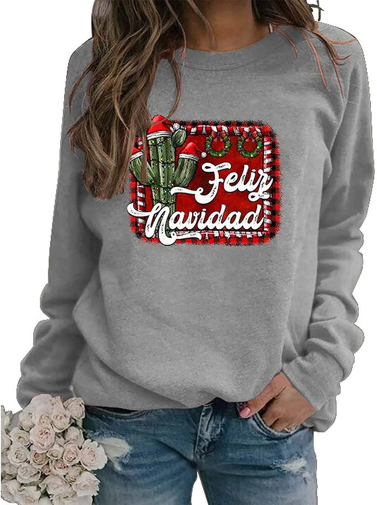 Women Feliz Navidad Sweatshirt Spanish Merry Christmas Cactus Shirt