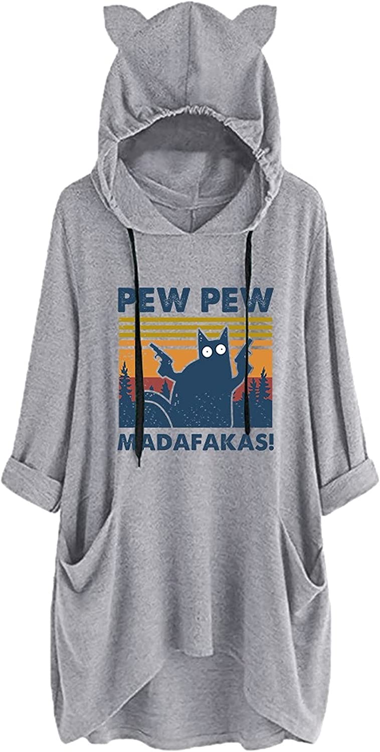 Women Pew-Pew Madafakas Hoodies Funny Pew-Pew Cat Shirt with Cat Ears and Pockets