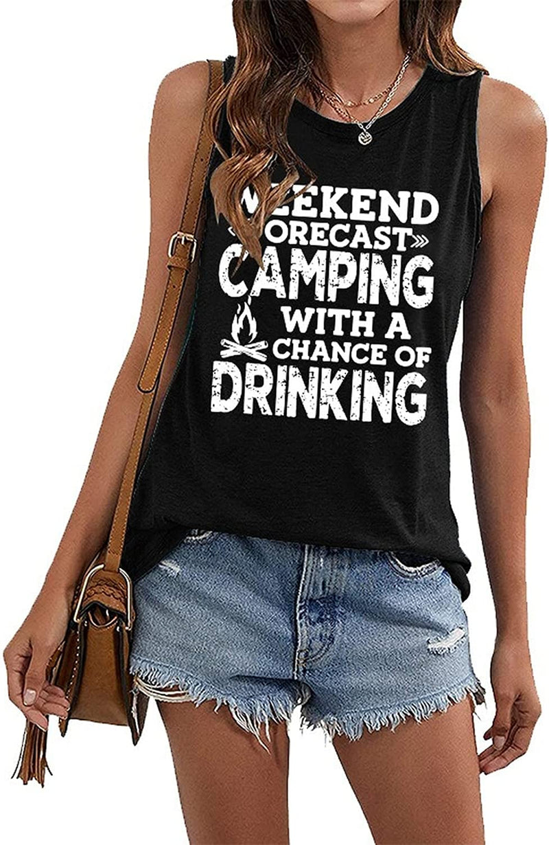 Tank Tops für Damen mit Spruch "Wochenendprognose Camping mit guter Chance auf Trinken"
