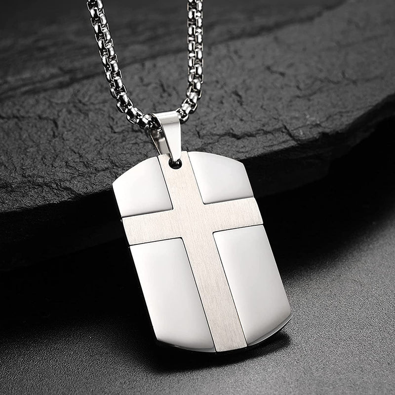 Collier pendentif en acier inoxydable pour hommes, noir, argent, or, étiquette croisée, collier de prière du seigneur, Bible gravée