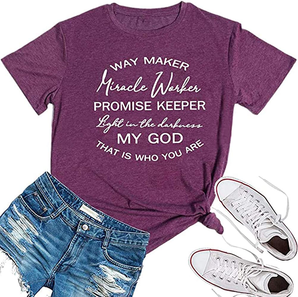 FZLYE Womens Way Maker Miracle Worker Promise Keeper Light in The Darkness My God T-Shirt Tank Graphic Tees Tops
