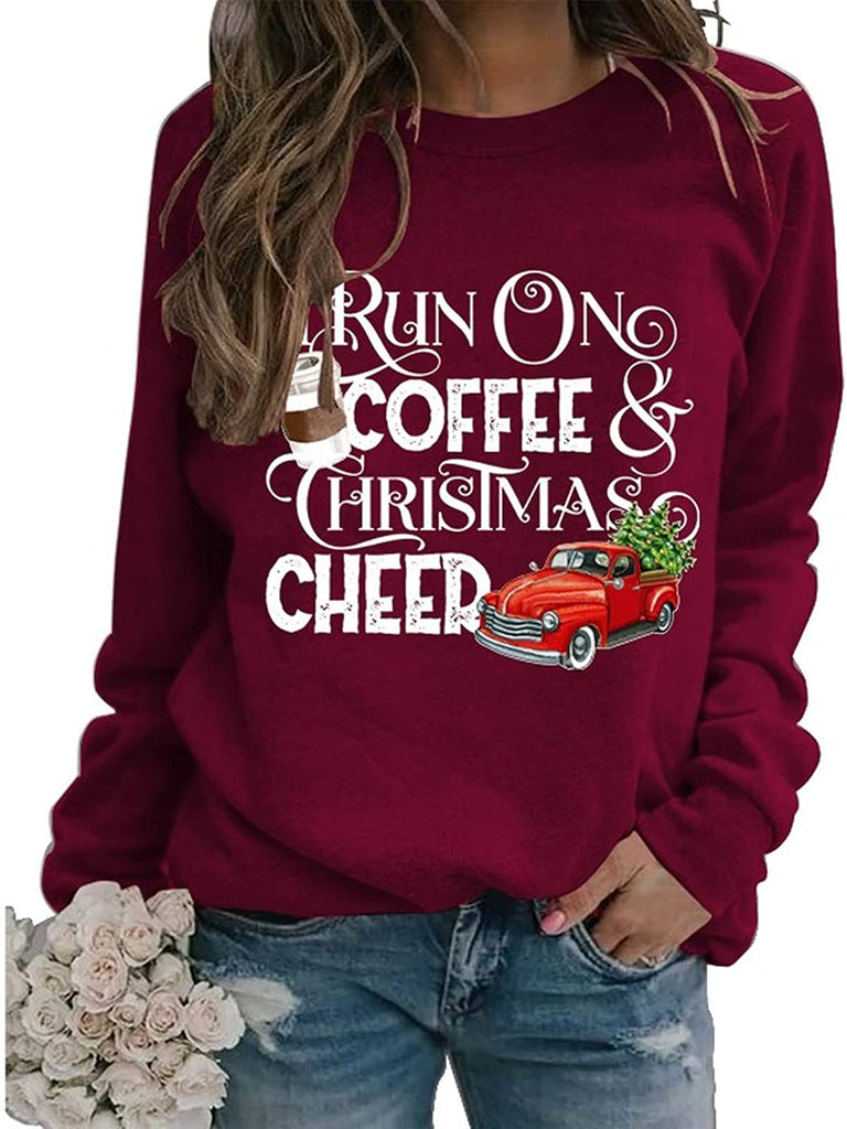 Sweat-shirt à café de joie de Noël pour femmes, je cours sur le café et la chemise de joie de Noël