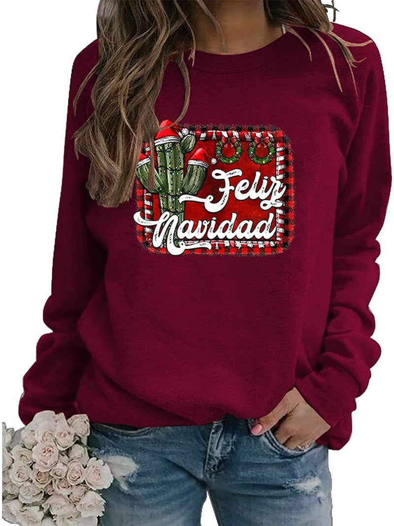 Women Feliz Navidad Sweatshirt Spanish Merry Christmas Cactus Shirt