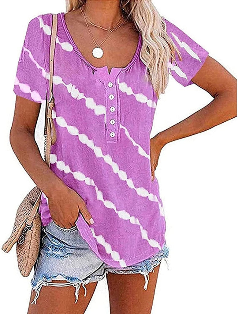 Women Casual Tie Dye Stripe T-Shirt Tunic Shirt with Buttons