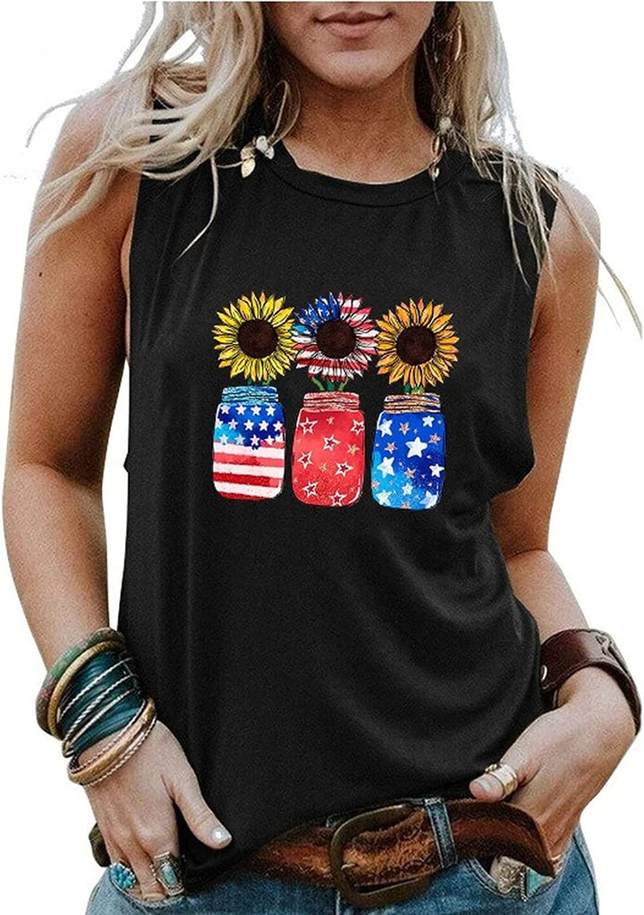 Débardeur patriotique pour femmes, pot de tournesols, chemise