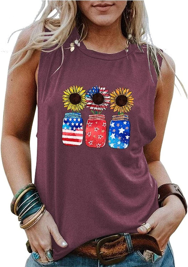 Débardeur patriotique pour femmes, pot de tournesols, chemise
