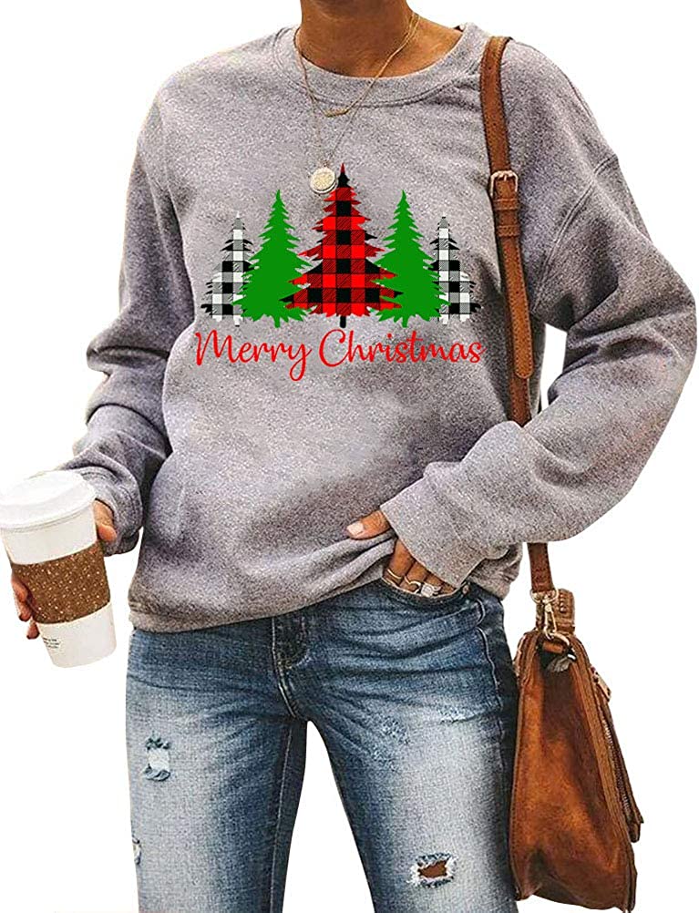 Sweat-shirt à manches longues pour femmes, sweat-shirt joyeux noël, arbres de noël