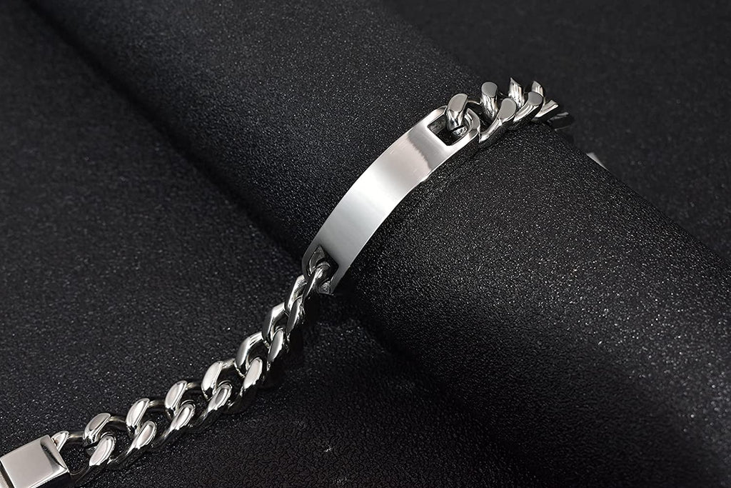 Personnalisez le bracelet de barre de nom d'identité gravé pour hommes en acier inoxydable, chaîne à maillons cubains, bracelets personnalisés avec fermoir à boucle magnétique