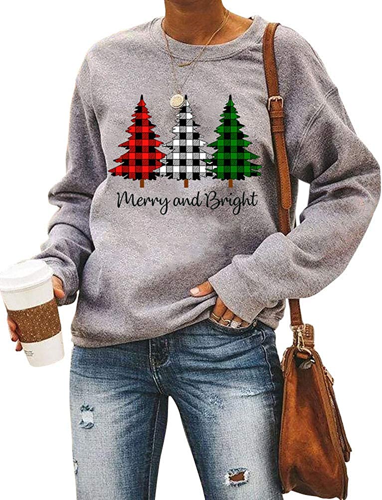 Sweat-shirt à manches longues pour femmes, sweat-shirt joyeux noël, arbres de noël