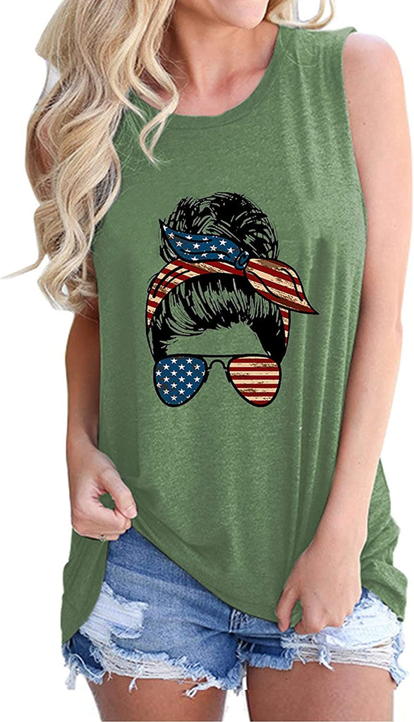 Messy Bun Femmes avec des Lunettes de Soleil Américaines Chemise Femme Mignonne Messy Bun Lunettes Débardeurs