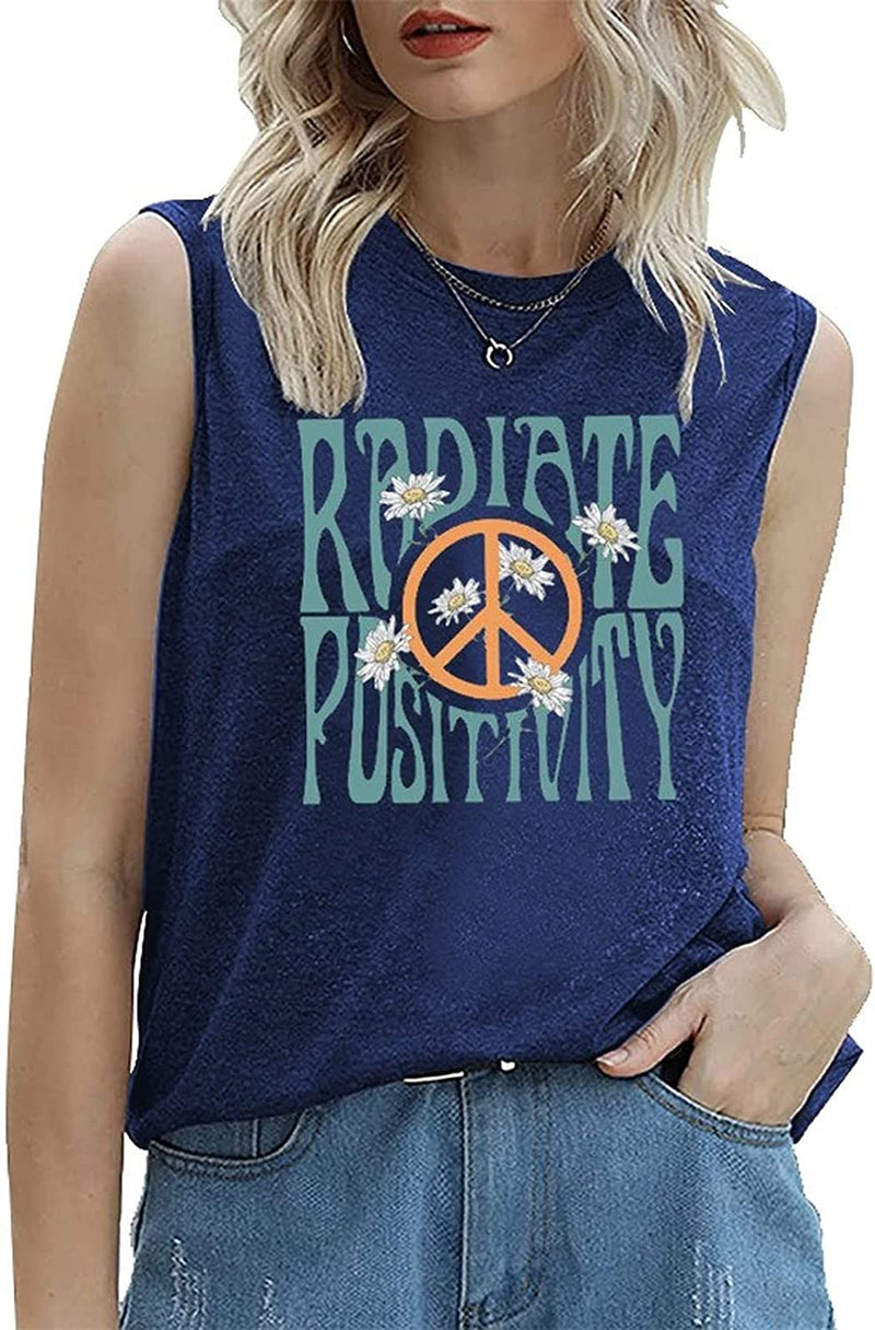 Rayonnez la positivité Chemise sans manches pour femmes Débardeur floral Peace Love Radiate Positivity Daisy Shirt