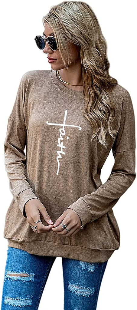 Chemise chrétienne pour femme à manches longues avec croix de foi