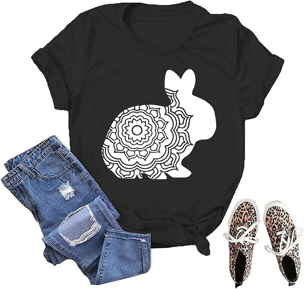 Cute Easter Floral T-Shirt Women Flower Rabbit Gift Tee