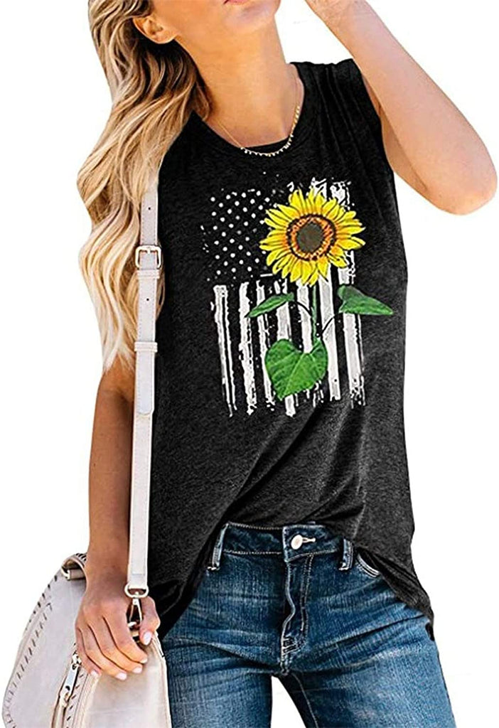 Débardeur drapeau américain tournesol pour femmes, chemise graphique tournesol