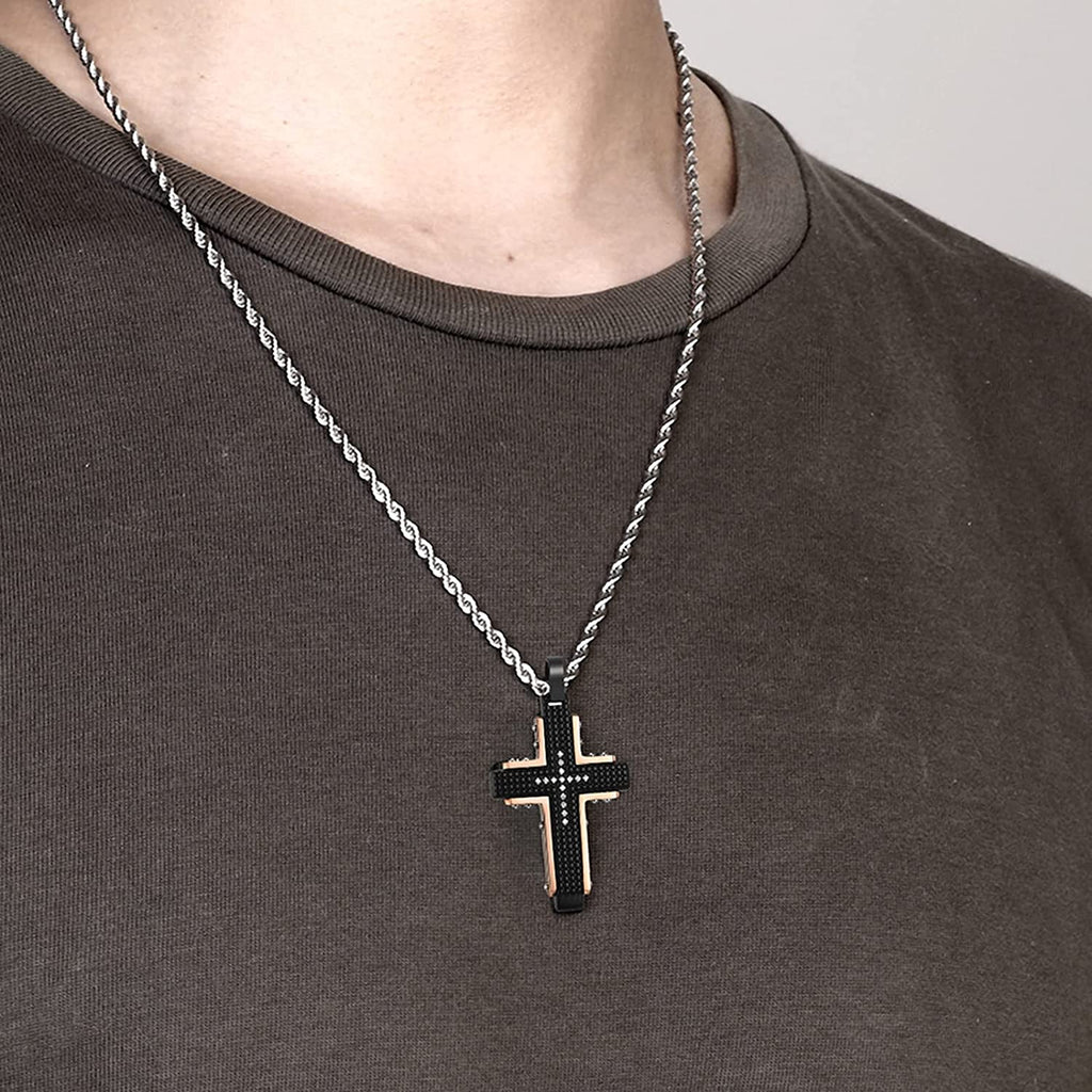 Collier avec pendentif croix en acier inoxydable pour hommes, noir, or Rose, pour la prière du seigneur, chaîne lourde