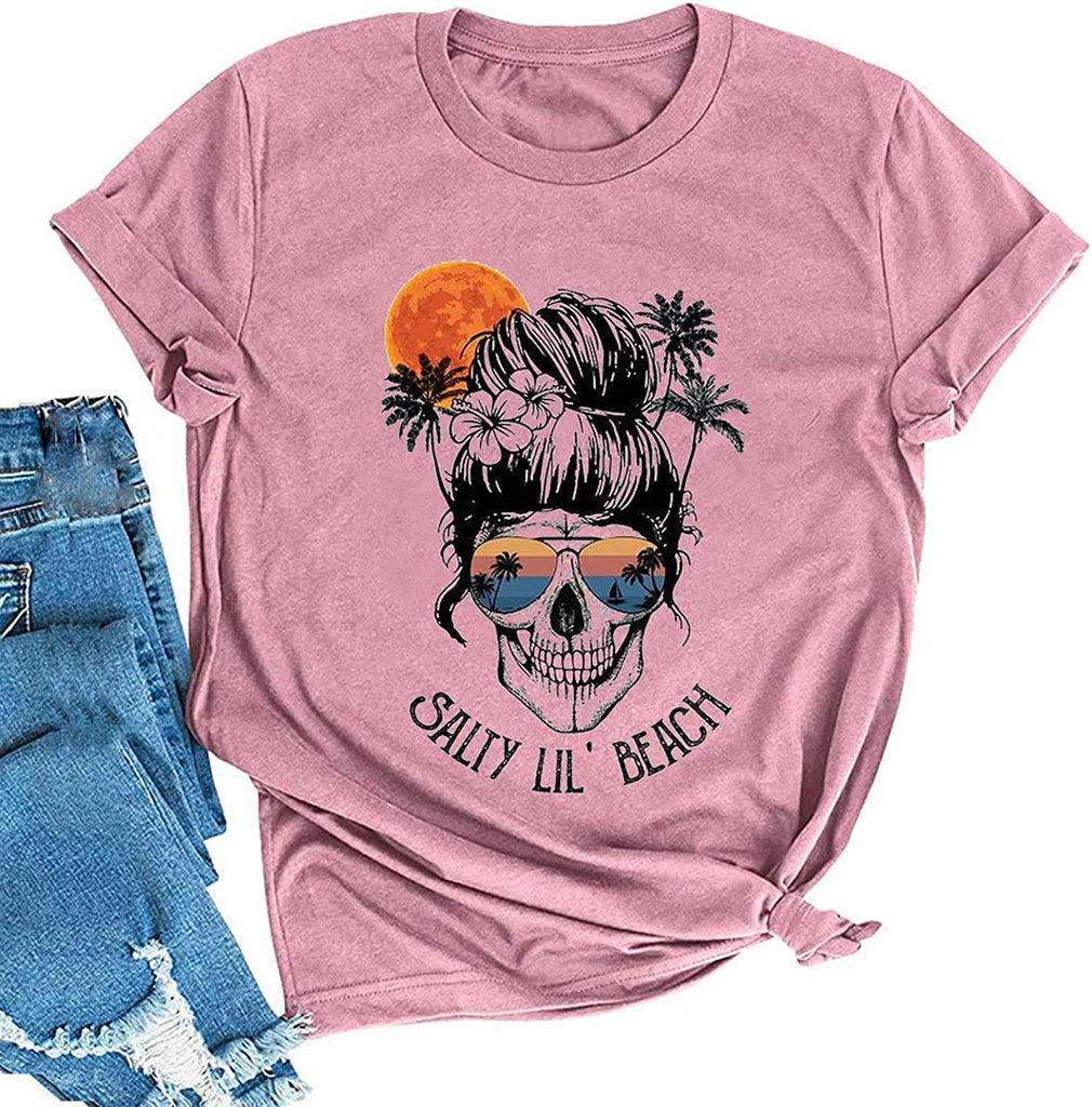 Women Salty Lil' Beach Women Skull T-Shirt Beach Graphic Shirt for Women