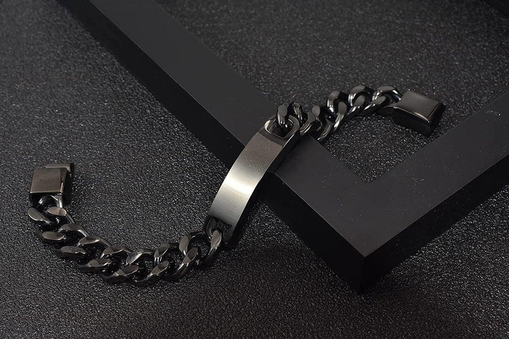 Personnalisez le bracelet de barre de nom d'identité gravé pour hommes en acier inoxydable, chaîne à maillons cubains, bracelets personnalisés avec fermoir à boucle magnétique