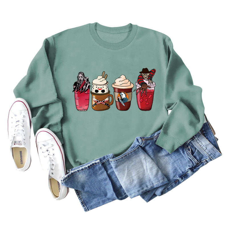Lockerer Pullover mit Rundhalsausschnitt und Kaffeegeist-Print für Herbst und Winter mit langen Ärmeln und großer Größe