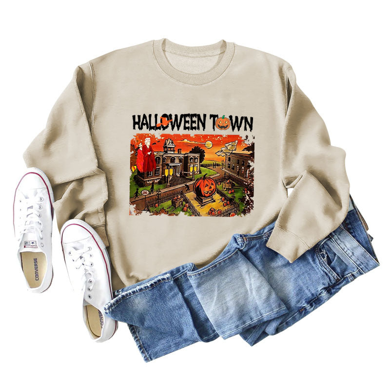 Pull ample à manches longues pour femmes, chemise ample avec lettres imprimées de ville d'halloween, nouvelle collection