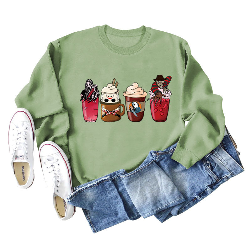 Lockerer Pullover mit Rundhalsausschnitt und Kaffeegeist-Print für Herbst und Winter mit langen Ärmeln und großer Größe