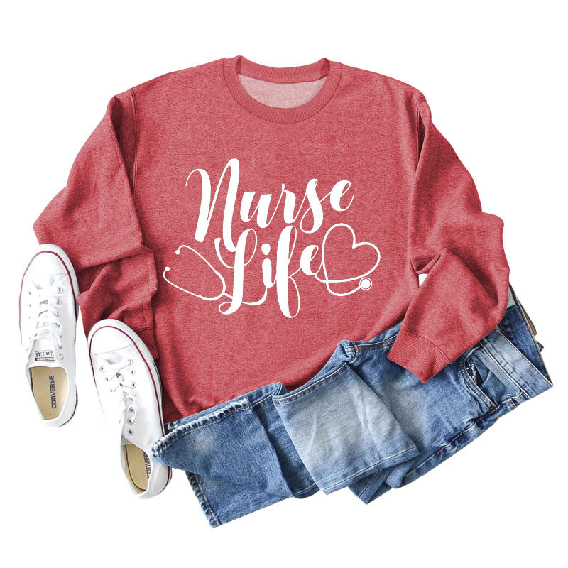 Nurse Life Love Letter Round Neck Loose Bottomed Long Sleeve Women's Sweater