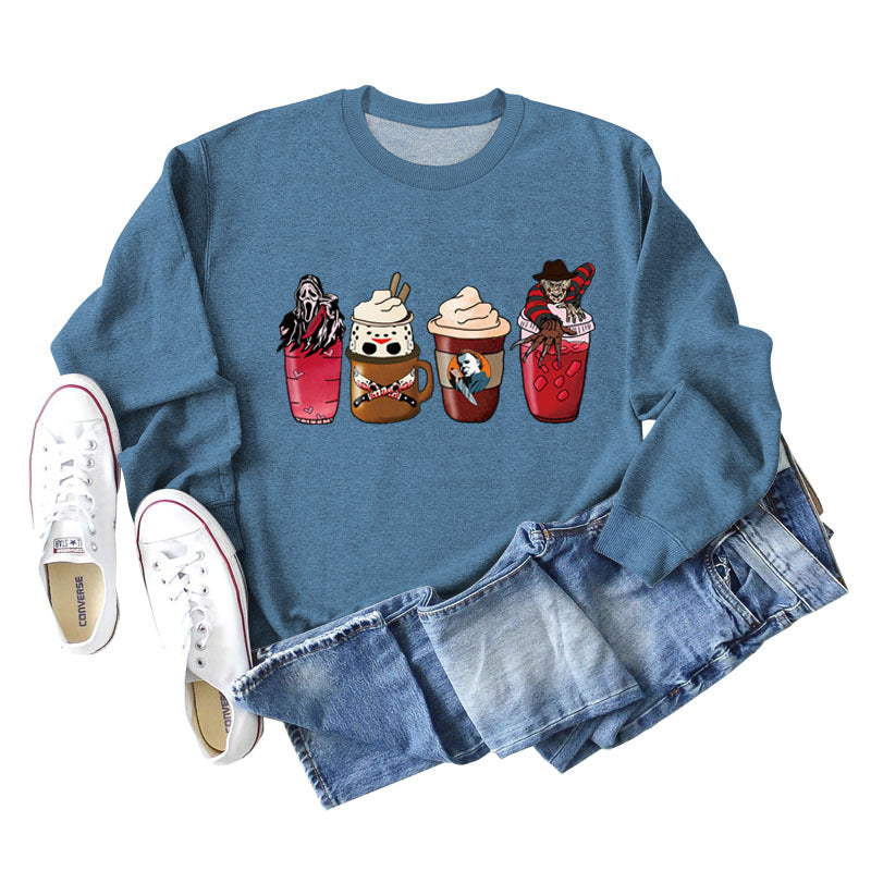 Lockerer Pullover mit Rundhalsausschnitt und Kaffeegeist-Print für Herbst und Winter mit langen Ärmeln und großer Größe