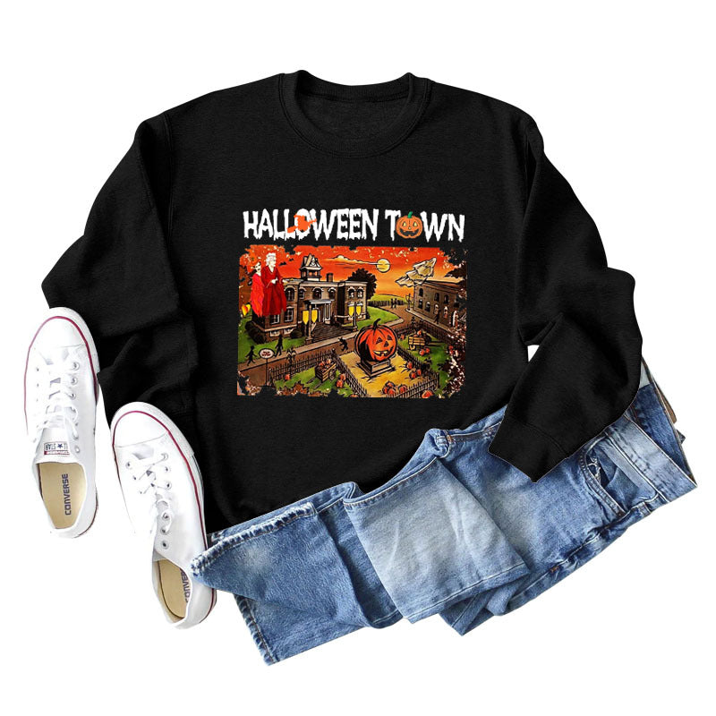 Pull ample à manches longues pour femmes, chemise ample avec lettres imprimées de ville d'halloween, nouvelle collection