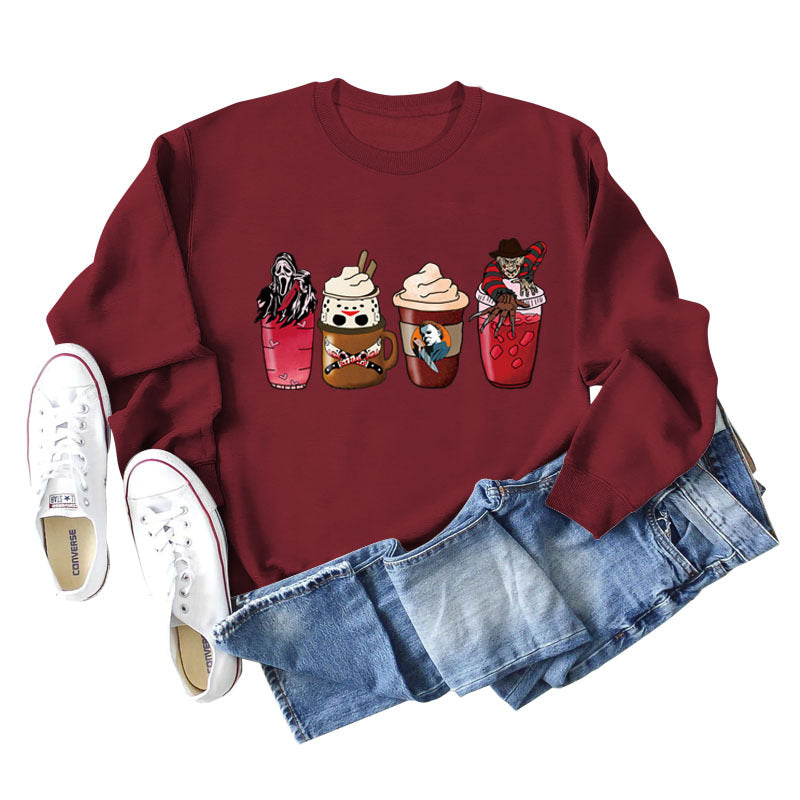 Lockerer Pullover mit Rundhalsausschnitt und Kaffeegeist-Print für Herbst und Winter mit langen Ärmeln und großer Größe