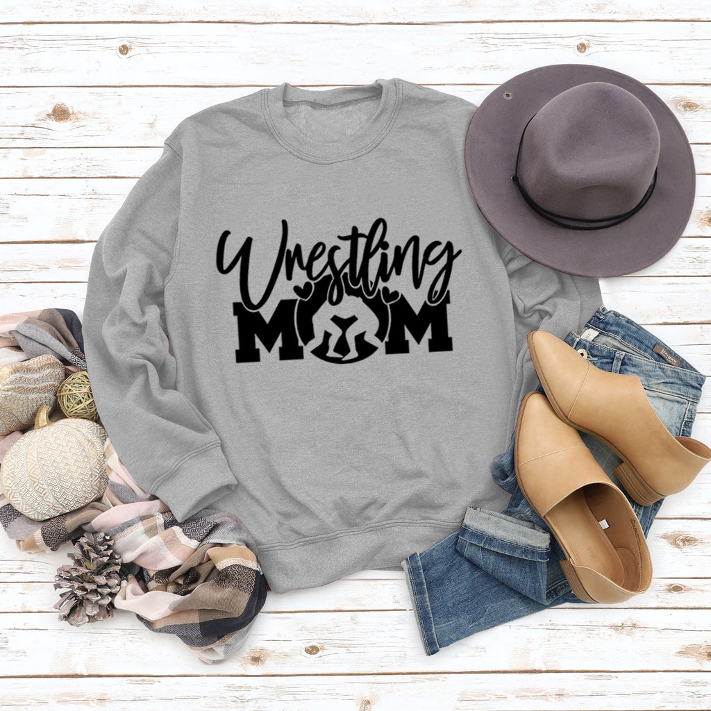 Großer Langarm-Pullover mit Wrestling-Mom-Buchstaben und Rundhalsausschnitt
