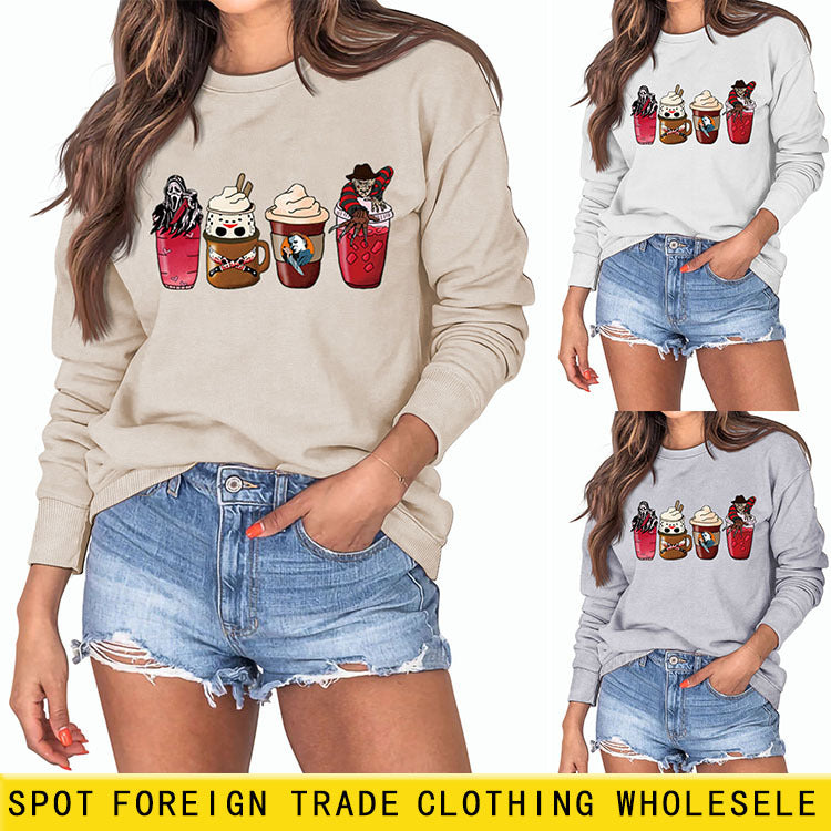 Lockerer Pullover mit Rundhalsausschnitt und Kaffeegeist-Print für Herbst und Winter mit langen Ärmeln und großer Größe